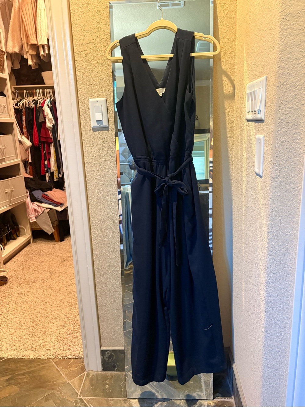 LOFT Navy Blue Sleeveless V-Neck Jumpsuit with Tie Waist